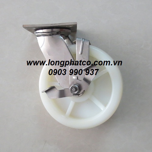Bánh xe đẩy PA trắng càng inox 304 xoay khóa